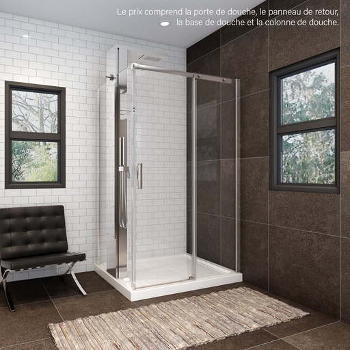 [KDVG483600ASTC2B] Porte de douche Vague chrome 48x36" en coin, mur à droite, porte à gauche, avec fermeture sur panneau de retour avec colonne de douche