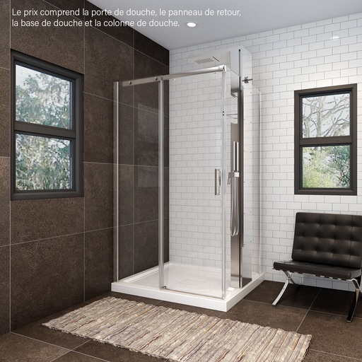 [KDVG480036ASTC2B] Porte de douche Vague chrome 48x36" en coin, mur à gauche, porte à droite, avec fermeture sur panneau de retour avec colonne de douche