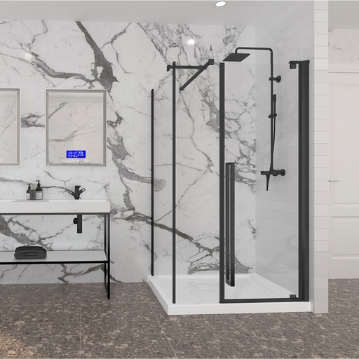 [KDAA484200ASTA71] Porte de douche Amaly noir mat 48x42" en coin, porte décentré avec fermeture sur panneau de retour