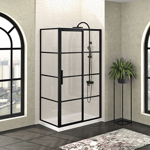 [KDMC483200ASTG76] Porte de douche Mecanex noir mat 48x32" en coin, porte à gauche avec fermeture sur panneau de retour