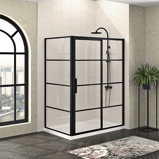 [KDMC604200ASTG76] Porte de douche Mecanex noir mat 60x42" en coin, porte à gauche avec fermeture sur panneau de retour