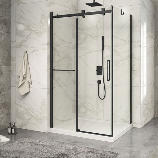 [KDP2480036ASTC71] Porte de douche Piazza noir mat 48x36" en coin avec fermeture sur panneau de retour avec barre à serviette