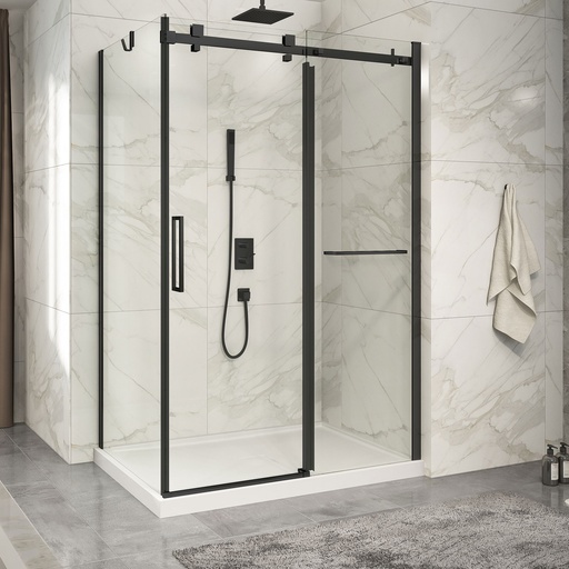 Porte de douche Piazza noir mat 54x36" en coin avec fermeture sur panneau de retour, avec barre à serviette